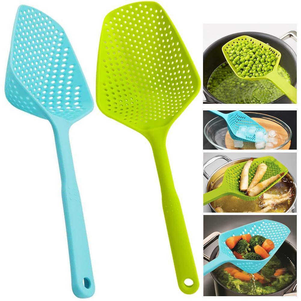 Nylon kitchen strainer spoon draining food from hot pot