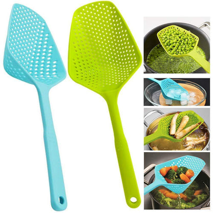 Nylon kitchen strainer spoon draining food from hot pot