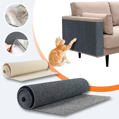 Self-adhesive cat scratching mat applied to sofa to protect furniture