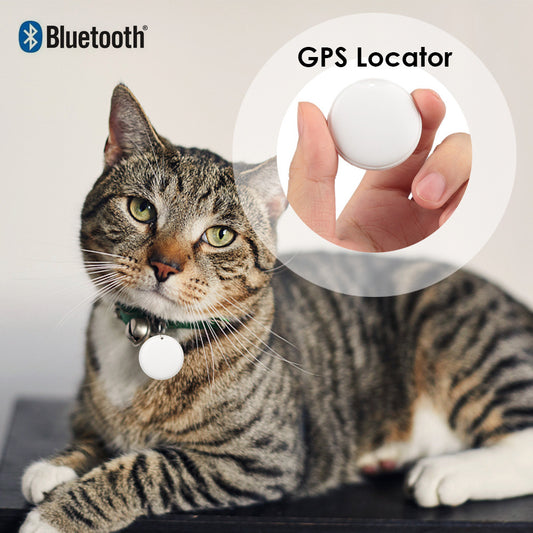 A Bluetooth GPS locator for pets is shown with a cat in the background. The hand is holding a ball to demonstrate the GPS feature.