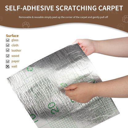 Trimmable self-adhesive cat scratching mat showing size and DIY cutting